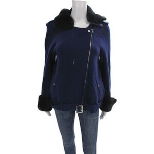 Max & Moi Women Merino Wool Biker Jacket Blue Zip Size M